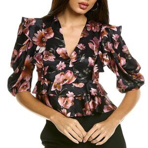 The Kooples Ruffle Cropped Top Sz.S Dark Floral Silky Puff Sleeve Romantic Boho